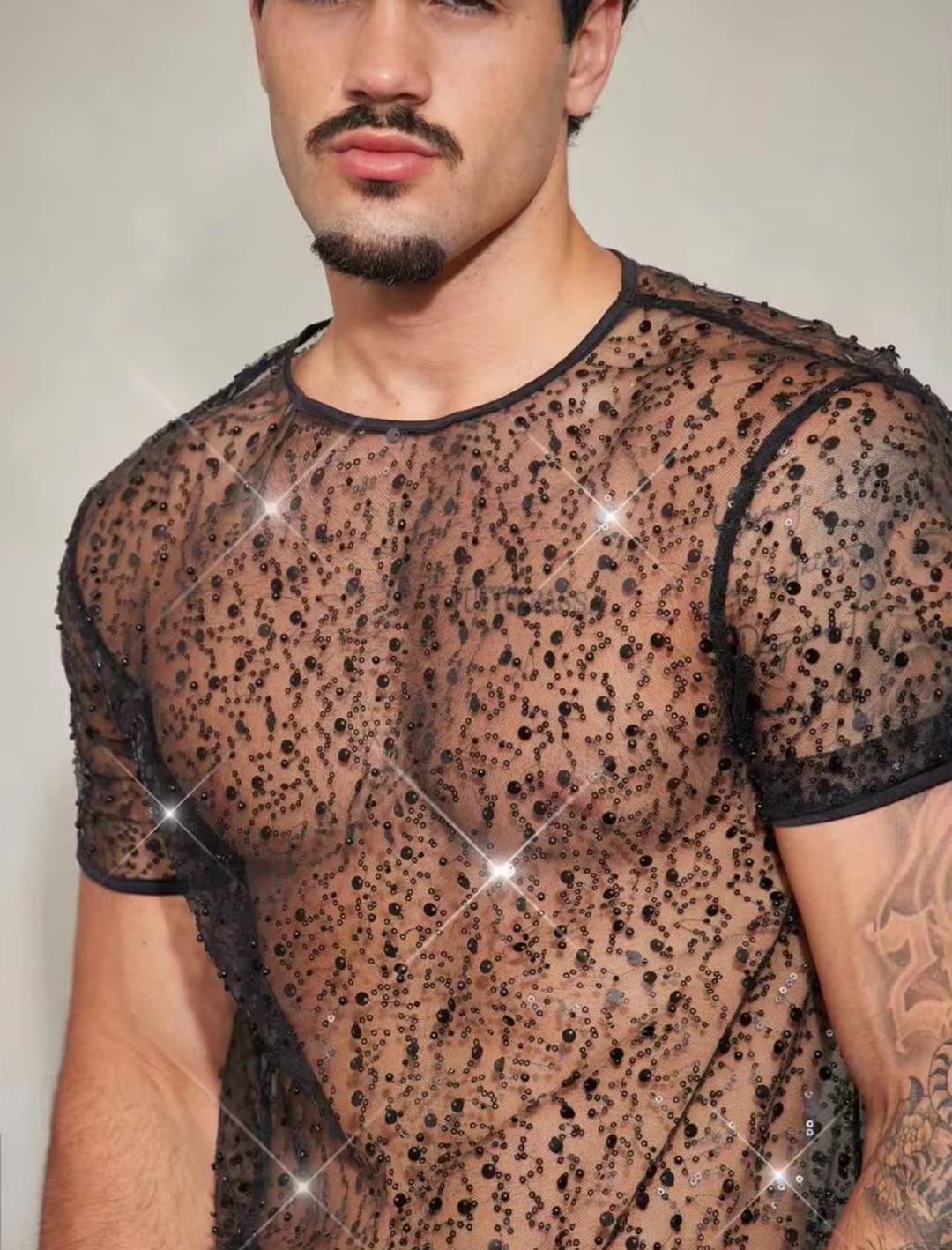 Men's High-Stretch Sheer Mesh Sequin Embellished Short Sleeve Crewneck T-Shirt